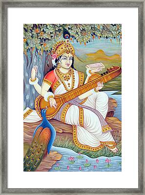 Godess Saraswati in Lotus Flower with Sawan & Saraswati Veena Poster Painting in Wood Craft Frame 
